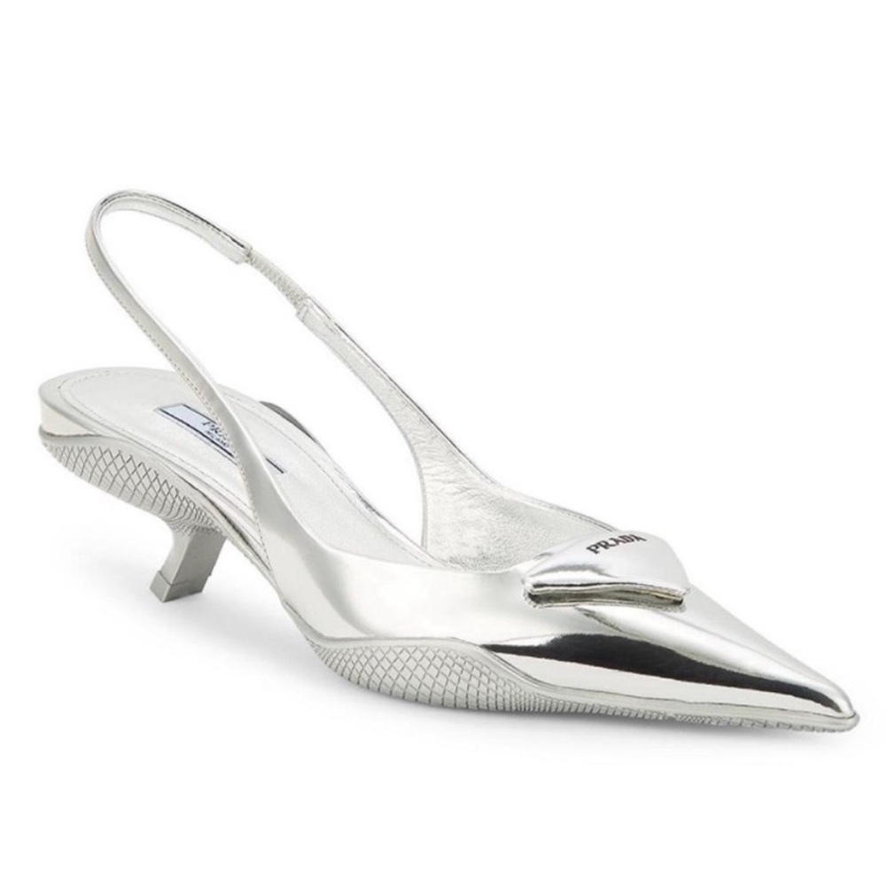 Prada Kitten Heel Slingback Point Toe Pumps Silver Mirrored Metallic Leather 8